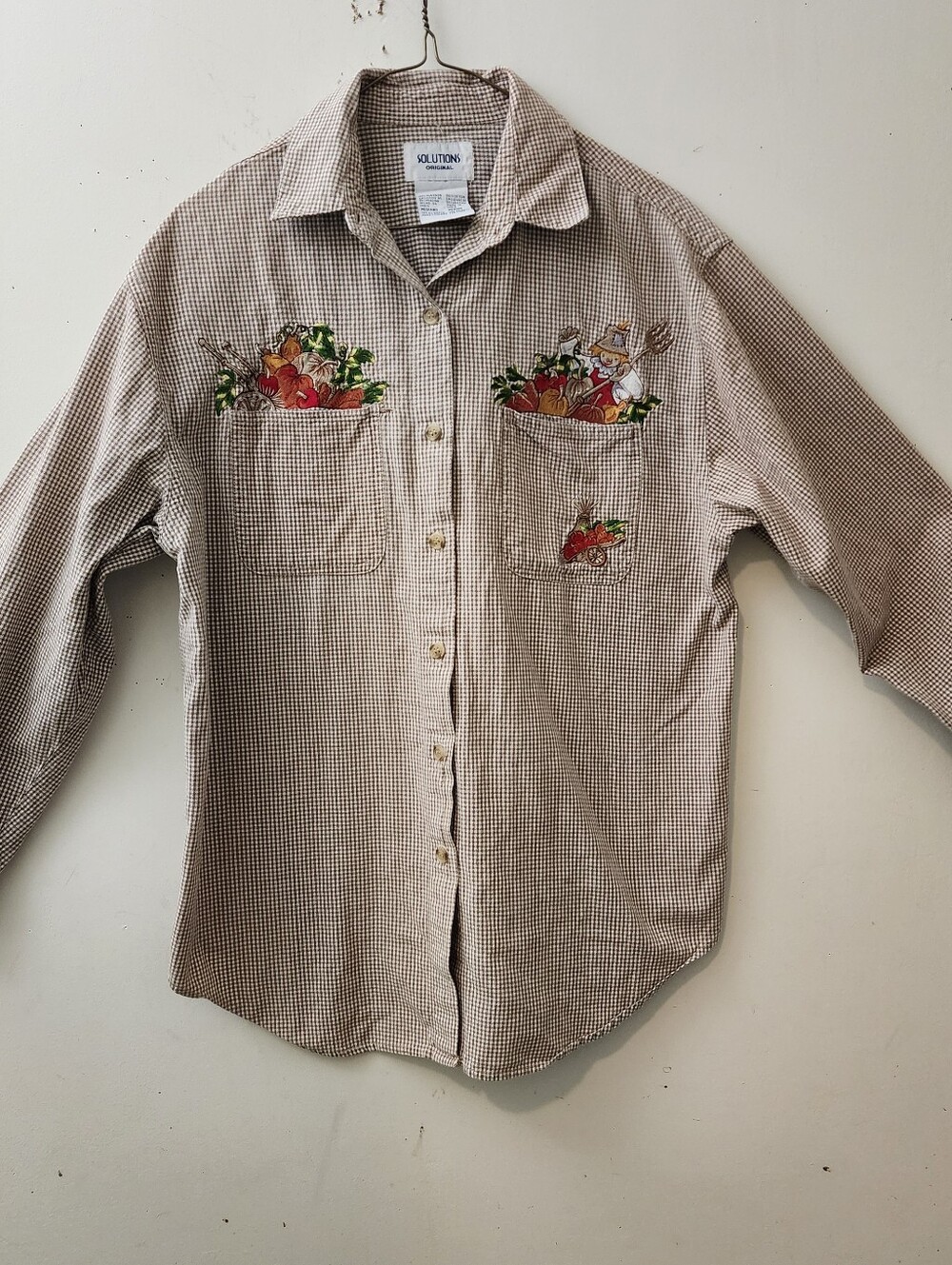 Solutions Original Vtg Button-Up Shirt M Brown Gingham Fall Pumpkin Embroidered